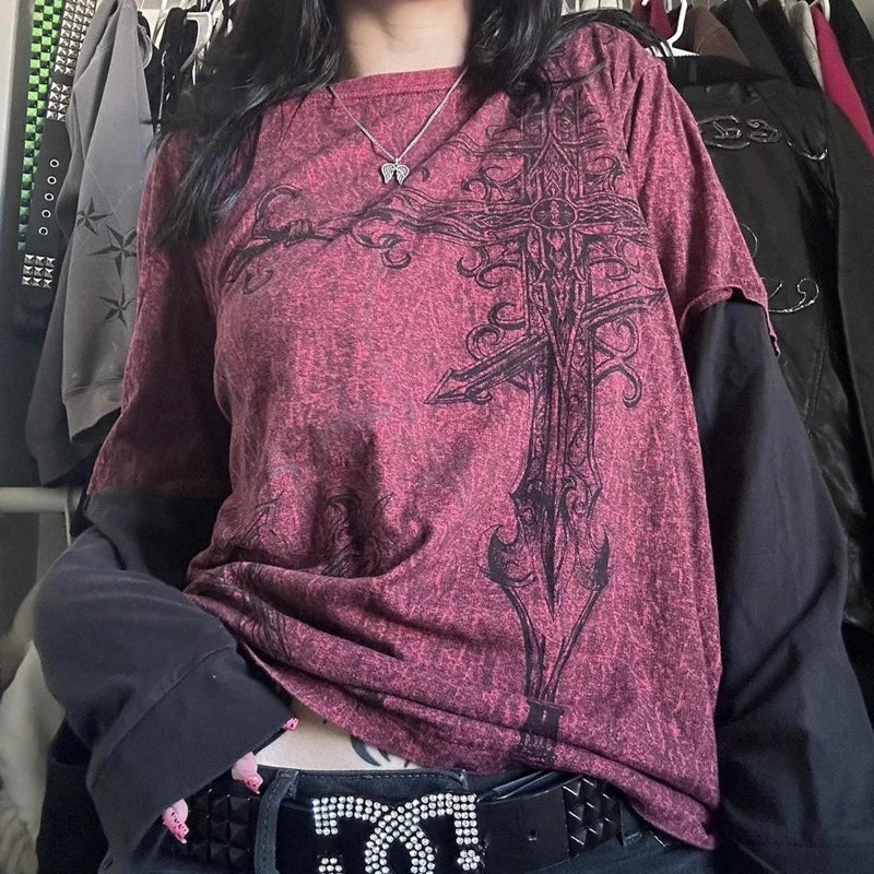 Cross Cyber Goth Patchwork E-girl Tees