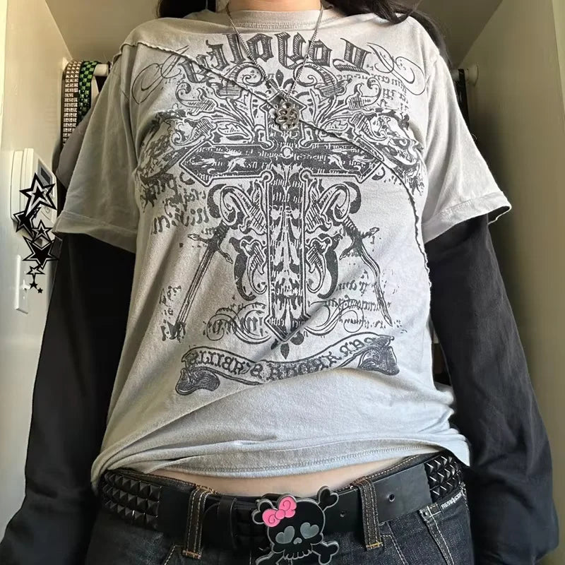 Cross Cyber Goth Patchwork E-girl Tees