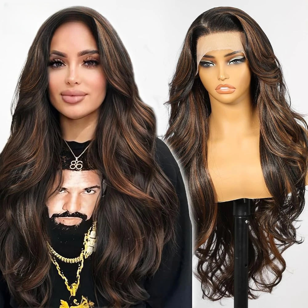 13*6 Lace Frontal Wig Synthetic Hair Blonde Mixed Brown Wig