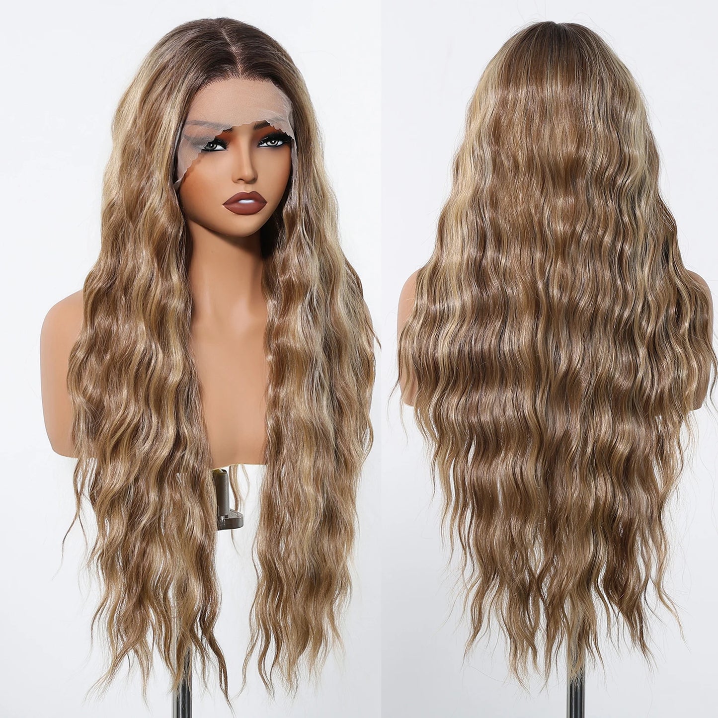 13*6 Lace Frontal Wig Synthetic Hair Blonde Mixed Brown Wig