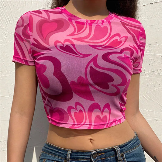 Gedrukt Esthetiek See Through Mesh Crop Top