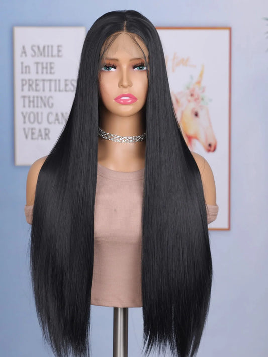 24 Inch Straight Lace Front Black Color Synthetic Hair Wigs