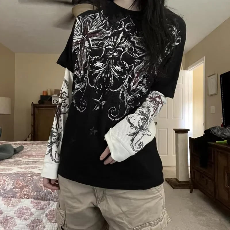 Cross Cyber Goth Patchwork E-girl Tees