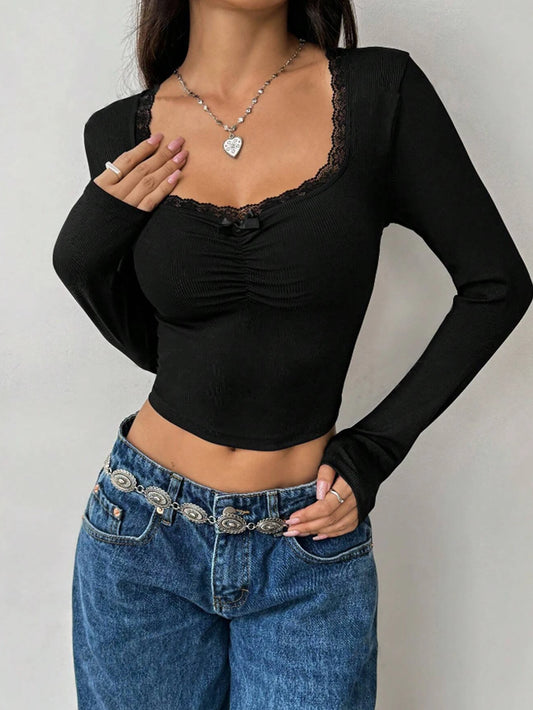 U-neck Lace Trim Bow T-shirt