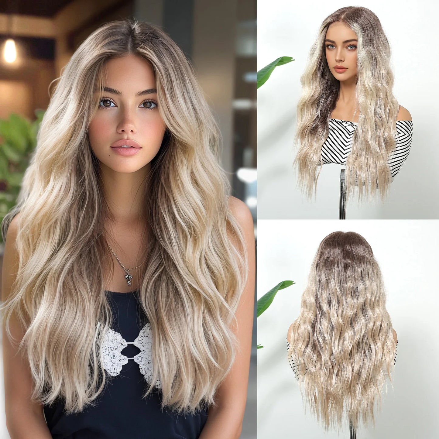 13*6 Lace Frontal Wig Synthetic Hair Blonde Mixed Brown Wig