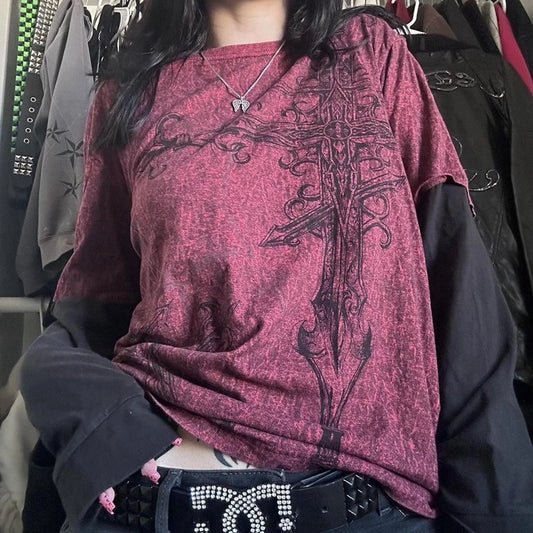 Cross Cyber Goth Patchwork E-girl Tees